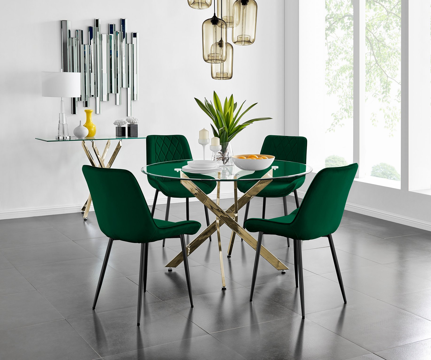 Novara 120 cm Esstisch aus Glas und Goldbein 4 oder 6 Esszimmerstuhle aus Samt
